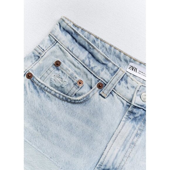 NWT Zara light blue wash mid rise Bermuda loose fit patch denim shorts, US4 - Picture 9 of 12